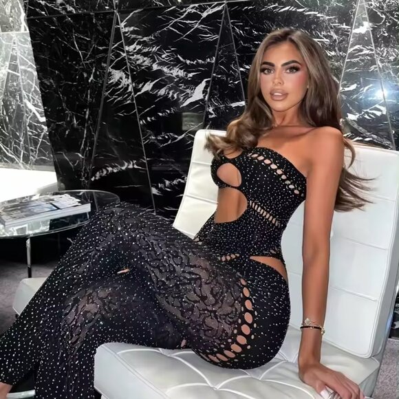 HR305 Bodycon Rhinestone Bodystocking/Jumpsuit Lingerie - Picture 2 of 8